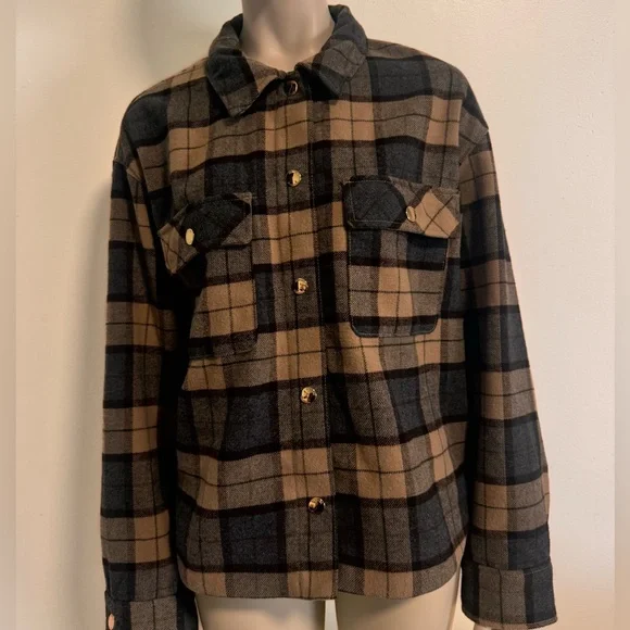 H&M Plaid Shacket Jacket Womens Large Beige Gray Button Front Flannel Coat - Picture 3 of 8